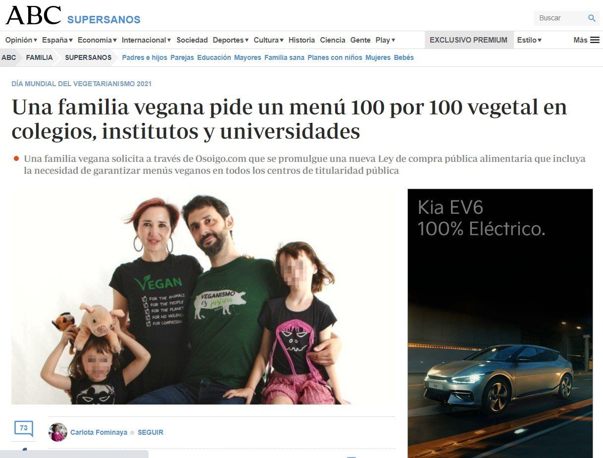 Entrevista en Diario ABC: “Una familia vegana pide un menú 100 por 100 vegetal en colegios, institutos y universidades”